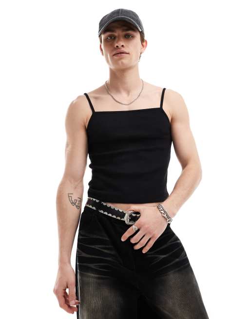 Camiseta negra ajustada de tirantes con cuello cuadrado para festivales de COLLUSION 