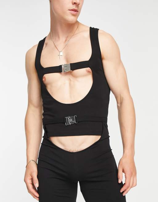 Camiseta negra ajustada sin mangas con abertura y hebilla de ASOS DESIGN (parte de un conjunto) 
