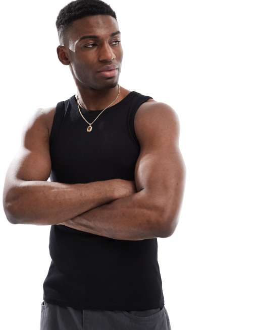 Camiseta negra ajustada sin mangas con cuello redondo de canalé de ASOS DESIGN
