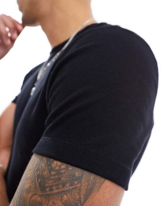 Camiseta negra básica ajustada de canalé de ASOS DESIGN  , 2 de 4