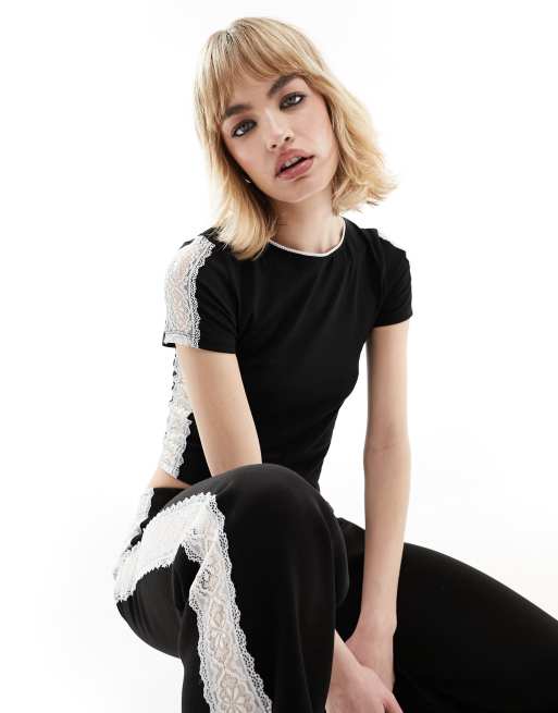 Camiseta negra con diseño encogido y ribetes de encaje en contraste de ASOS DESIGN (parte de un conjunto)
