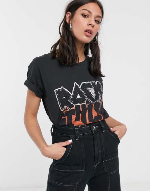 Camiseta negra con eslogan Rock de Blend She