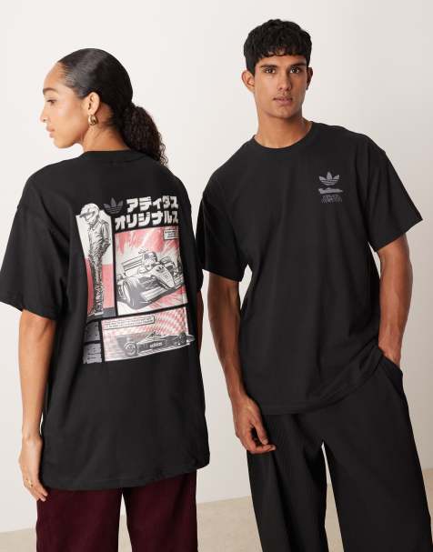 Camiseta negra con estampado gráfico de carrera estilo manga de adidas Originals - view 1