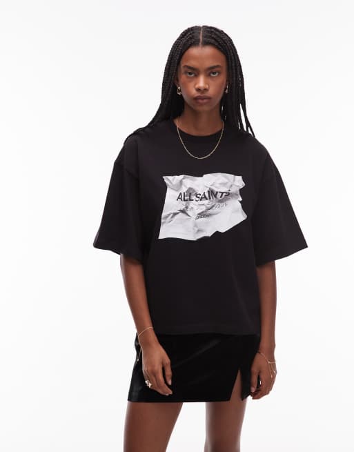Camiseta negra con estampado gráfico de logo arrugado Amelie de AllSaints, 4 de 4