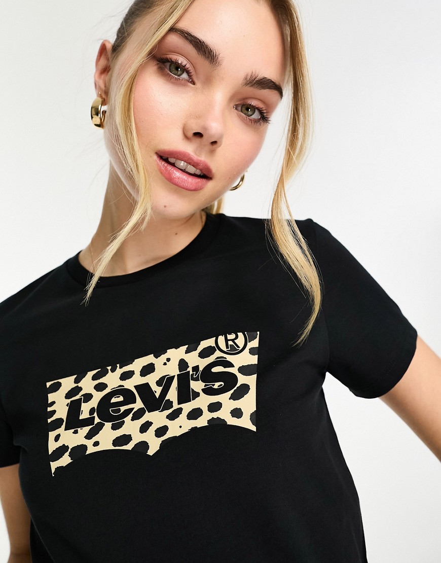 camiseta negra con logo de murciélago con estampado de leopardo de levi's-negro