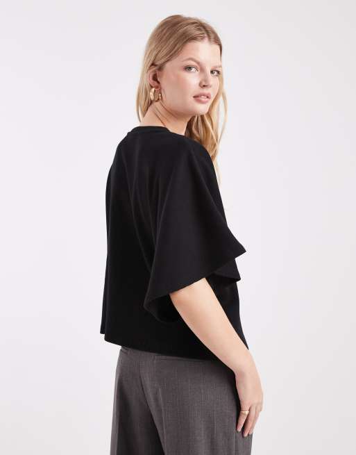 Camiseta negra con mangas efecto cascada y cuello redondo de canalé grueso de ASOS DESIGN, 3 de 4