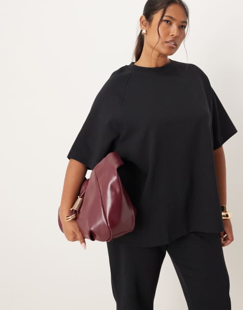 Camiseta negra con mangas raglán de punto entrelazado de ASOS DESIGN Curve (parte de un conjunto) - view 1