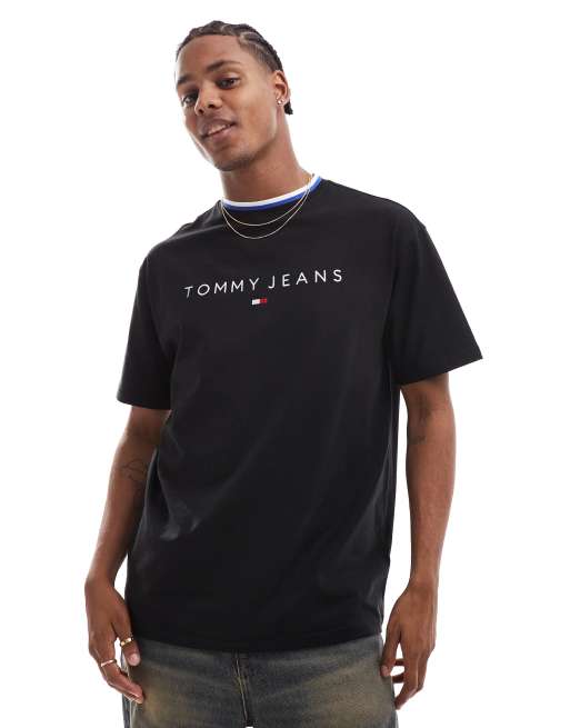 Camiseta negra con ribetes y logo lineal de Tommy Jeans, 3 de 4