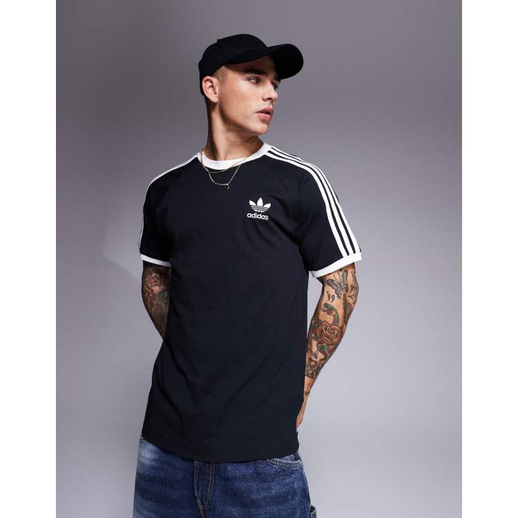 Camiseta adidas negra con rayas blancas new arrivals