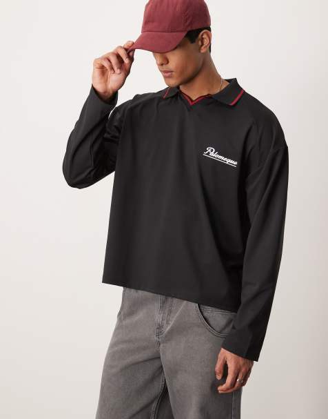 Camiseta negra de corte cuadrado extragrande con cuello tipo polo y diseño deportivo de ASOS DESIGN - view 1