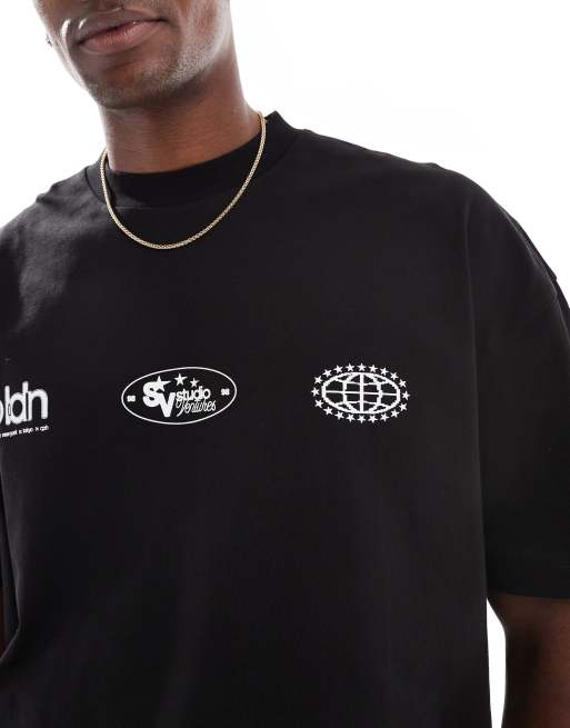 Camiseta negra de corte cuadrado extragrande con estampado gráfico de texto de ASOS DESIGN , 2 de 4