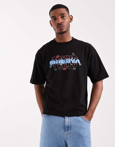 Camiseta negra de corte cuadrado extragrande con gráfico "Shibuya" en relieve de ASOS DESIGN - view 1