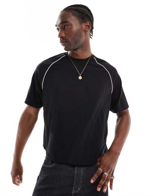 Camiseta negra de corte cuadrado extragrande con ribetes deportivos de ASOS DESIGN