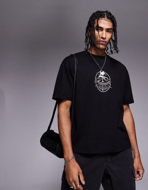 Camiseta negra de corte cuadrado holgado con estampado gráfico en el pecho de ASOS DESIGN - view 1