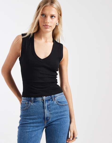 Camiseta negra de corte cuadrado sin mangas con cuello de pico de ONLY - view 1