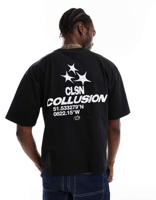 Camiseta negra de corte skater cuadrado con estampado retro en relieve de COLLUSION