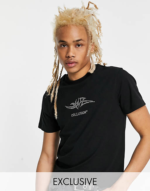 Hombre Other | Camiseta negra de corte vintage con logo de strass de COLLUSION - ML04103