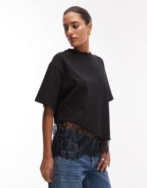 Camiseta negra de manga corta con detalle de bajo de encaje de ASOS DESIGN - view 1