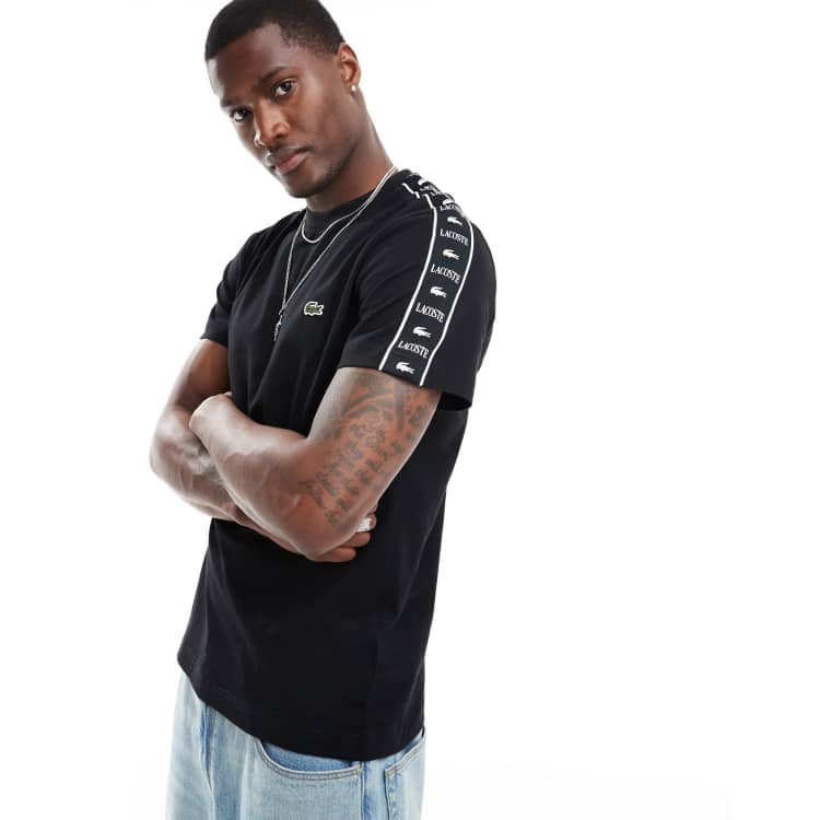 Camiseta negra de manga corta con detalle de cinta de Lacoste ASOS