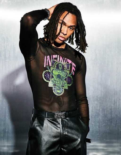 Camiseta negra de manga larga ajustada con estampado grunge de malla de ASOS DESIGN