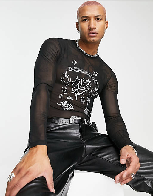 Hombre Other | Camiseta negra de manga larga con bordado gráfico de malla de ASOS DESIGN - SJ50042