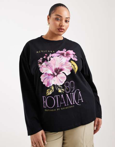 Camiseta negra de manga larga con estampado gráfico "Botánica" de ASOS DESIGN Curve - view 1
