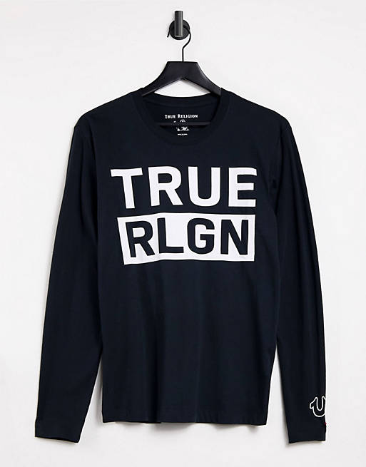 Camiseta negra de manga larga con logo en el pecho de True Religion