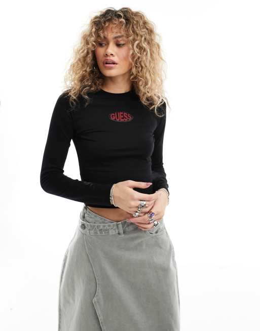 Camiseta negra de manga larga con logo ovalado de GUESS Originals