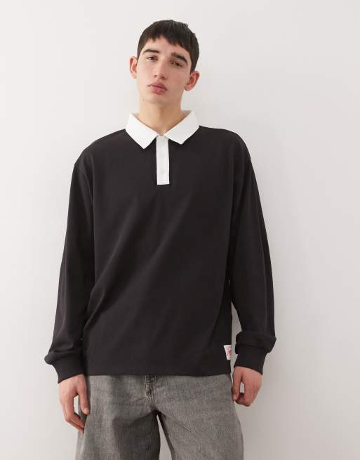 Camiseta negra estilo rugby de manga larga con cuello tipo polo de COLLUSION