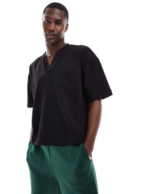 Camiseta negra extragrande con cuello estilo béisbol de tejido grueso de ASOS DESIGN 