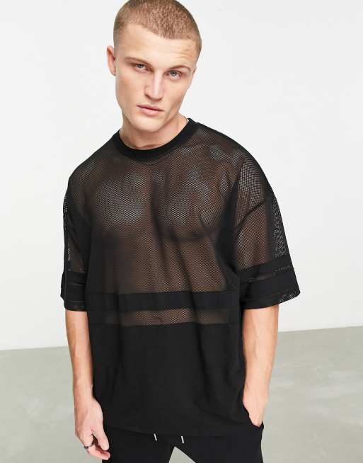 Camiseta negra extragrande con diseño color block de malla de ASOS DESIGN