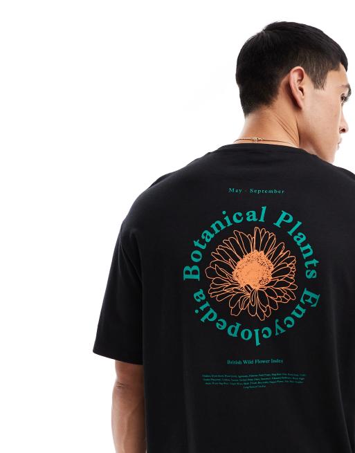 Camiseta negra extragrande con estampado circular botánico en la espalda de Selected Homme