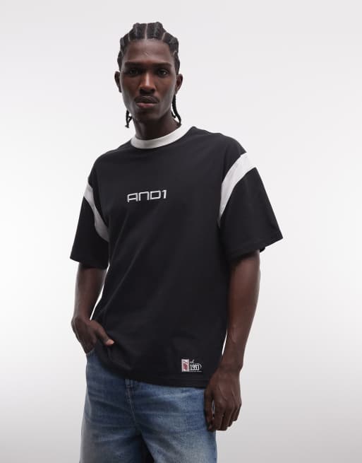 Camiseta negra extragrande con estampado de baloncesto en la espalda y logo de AND1, 3 de 5