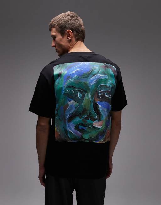 Camiseta negra extragrande con estampado de cara pintada en el pecho y la espalda de Topman