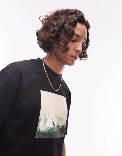 Camiseta negra extragrande con estampado de cisne en el pecho de Topman