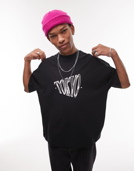 Camiseta negra extragrande con estampado de ciudad sombreado y con relieve de Topman