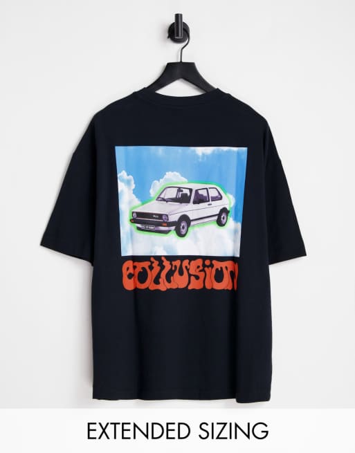 Camiseta negra extragrande con estampado de coche de piqué de COLLUSION