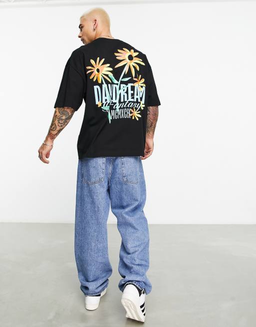 Camiseta negra extragrande con estampado de flores en la espalda de ASOS DESIGN
