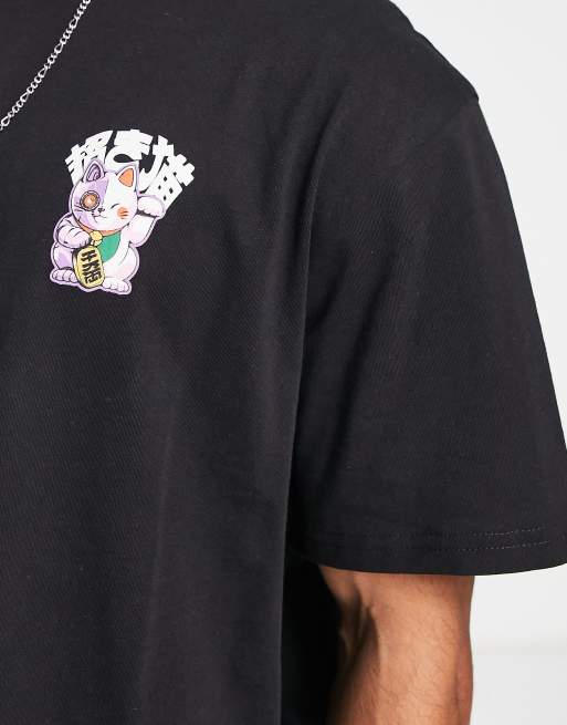 Camiseta negra extragrande con estampado de gato de la suerte japonés en la espalda de Only & Sons, 3 de 4