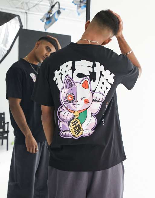 Camiseta negra extragrande con estampado de gato de la suerte japonés en la espalda de Only & Sons