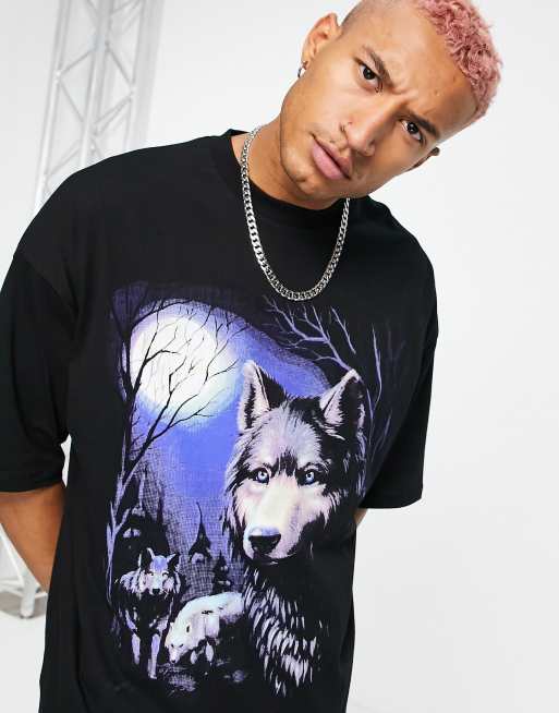 Camiseta negra extragrande con estampado de lobo de ASOS DESIGN