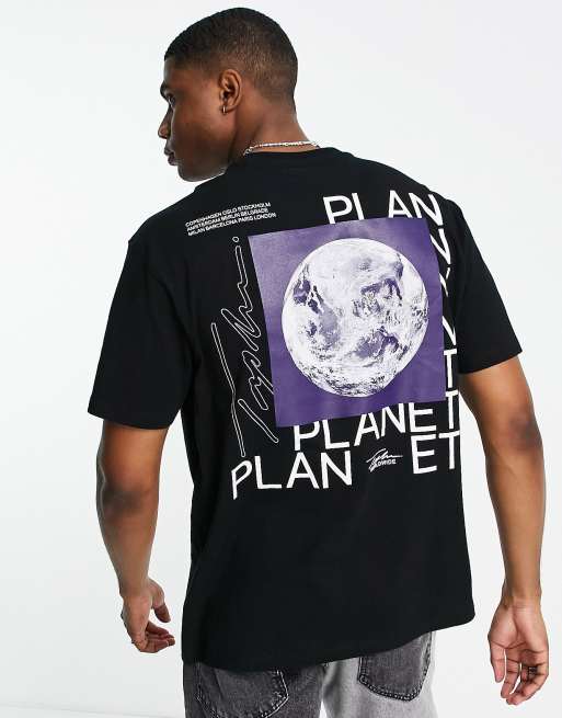 Camiseta negra extragrande con estampado de logo y planeta en el pecho y la espalda de Topman