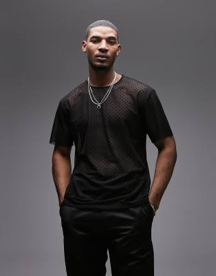 Camiseta negra extragrande con estampado de lunares de malla de Topman