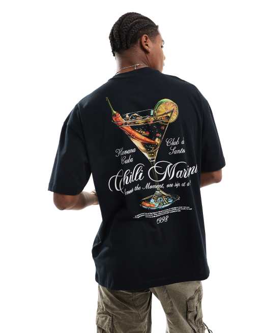 Camiseta negra extragrande con estampado de martini en el pecho y la espalda de ASOS DESIGN