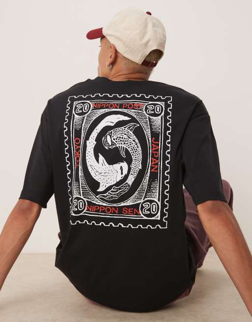 Camiseta negra extragrande con estampado de pez koi en la espalda de Selected Homme