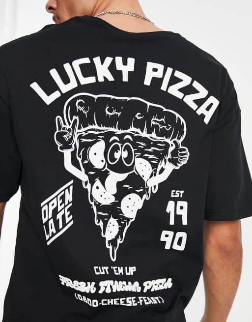 Camiseta negra extragrande con estampado de pizza en la espalda de Jack & Jones Originals