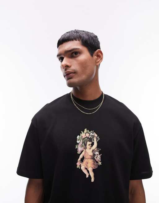 Camiseta negra extragrande con estampado de querubín premium de Topman