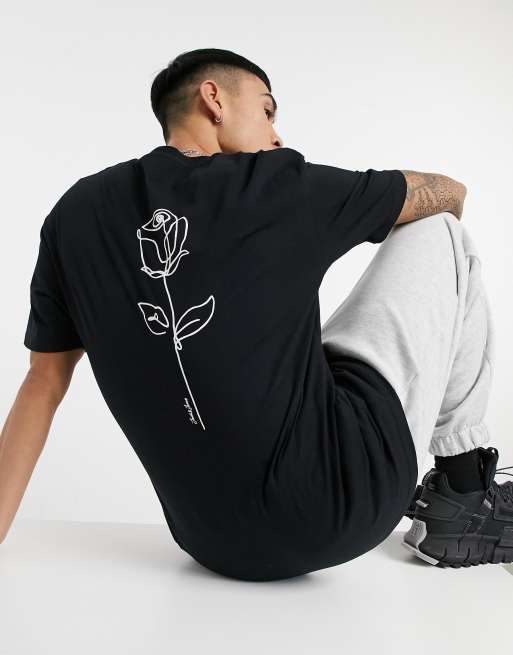 Camiseta negra extragrande con estampado de rosa en la espalda de Jack & Jones Originals