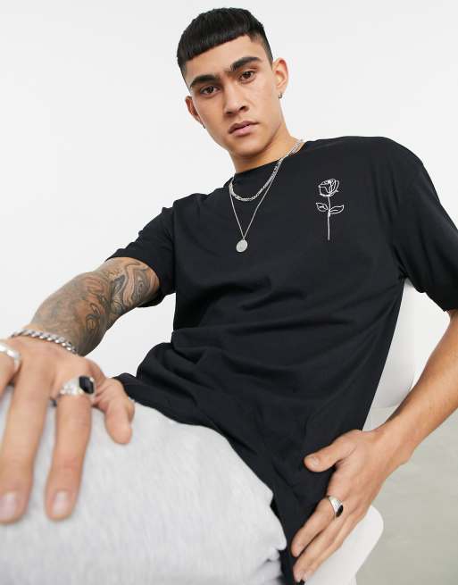 Camiseta negra extragrande con estampado de rosa en la espalda de Jack & Jones Originals, 4 de 4