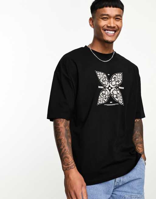 Camiseta negra extragrande con estampado delantero de cachemir de ASOS DESIGN